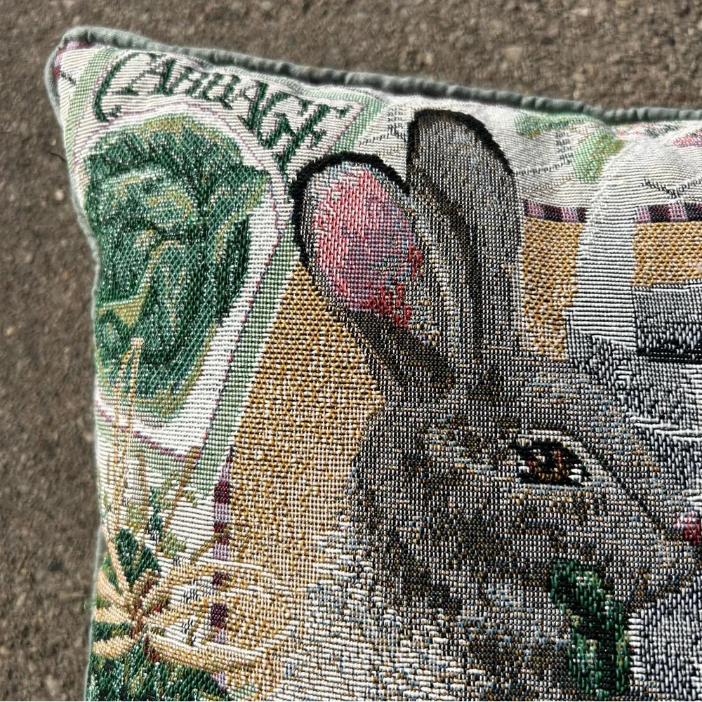 Vintage Easter pillow tapestry bunnies carrots garden green back